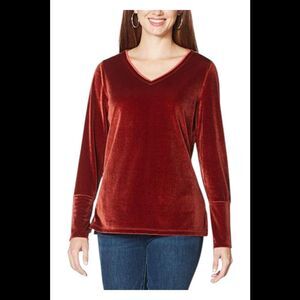 WE by Living in Yellow Women's V-Neck Stretch Velvet Top Solid Wine - Regular